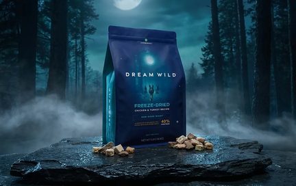 Dream Wild Freeze-Dried Raw Dog Food in a moonlit forest